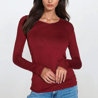 Wine v-neck long-sleeve fitted top with gathered waist detail