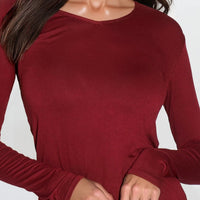 Wine v-neck long-sleeve fitted top with side gather near hem