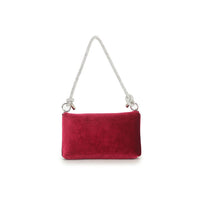 Cherry red velvet evening bag with silver chain shoulder straps, front clasp detail