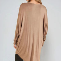 Mocha oversized batwing top with rounded neckline and high-low back hem