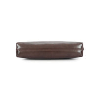 Coffee brown faux leather shoulder bag, side view with top seam and zipper
