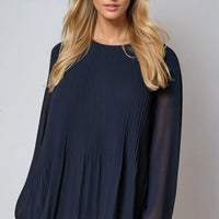 Navy Long Sleeve Pleated Blouse-0