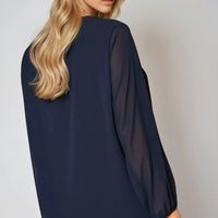 Navy Long Sleeve Pleated Blouse-2