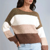 Women’s color-block striped knit jumper, crew neck, long sleeves in khaki, cream and brown