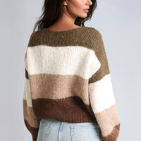 Women’s color-block knit jumper, round crew neck, striped khaki and cream with brown block