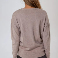 Mocha fine-knit crew neck jumper with long sleeves, back view