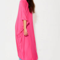 Fuchsia kimono cardigan, open front with batwing sleeves, side view