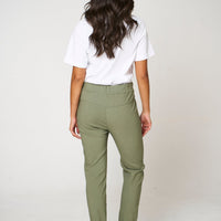 Stretch drawstring trousers, olive-khaki with side pockets, tapered fit and ankle cuffs
