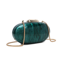 Emerald green oval marble-effect clutch bag with hinged gold frame and chain strap