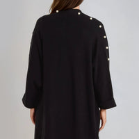 Black open-front cardigan back with pearl shoulder and sleeve accents