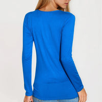 Royal blue round-neck long-sleeve top, back view with seam details