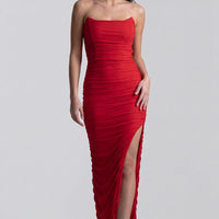 Red strapless ruched maxi dress with high slit and straight neckline