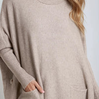 Mocha Roll Neck Jumper Poncho With Side Buttons-1