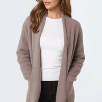 Mocha fluffy open-front cardigan with side pockets, long sleeves