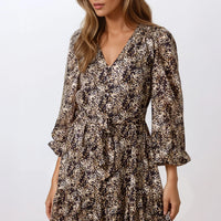 Black spotted print mini dress with tie belt, V-neck, long sleeves