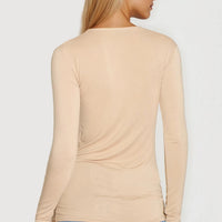 Beige long-sleeve fitted top with V-back and ruched seams