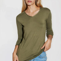 Khaki V-neck long-sleeve fitted top with curved hem