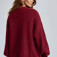 Wine wool-blend cardigan with balloon sleeves and relaxed back view