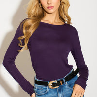 Purple long-sleeve round-neck top, fitted stretch knit with cuffs and straight hem