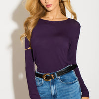 Purple long-sleeve round-neck top, fitted knit with long sleeves and curved hem