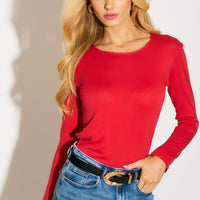 Red viscose blend top with round neck and long sleeves, front view