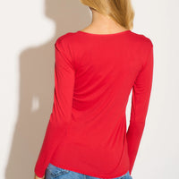Red viscose blend top with round neck and long sleeves, back view