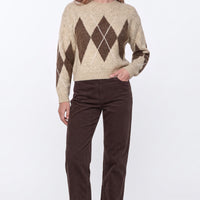 Beige wool-blend crew-neck jumper with dark argyle diamond pattern, full front view