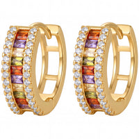Gold huggie hoop earrings with rainbow baguette stones and clear pave accents