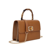 Brown faux leather crossbody bag, bamboo handle, chain strap, front lock closure