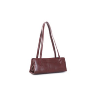 Burgundy shoulder bag with two top handles and subtle side pleats
