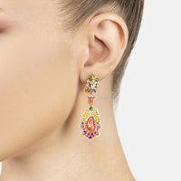 Gold-tone dangling earrings with multicolor oval, heart, and teardrop stones