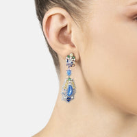 Multicolor gemstone drop earrings in silver, worn on ear