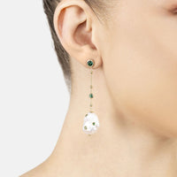 Gold drop earrings with white pearl teardrop dangle and emerald green stud details