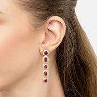 Gold-tone ruby gemstone drop earrings, five ruby stones in gold square bezels