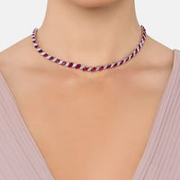 Statement tennis necklace with purple gemstone oval links on neckline, silver-toned
