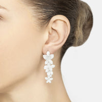 Cherry blossom drop earrings close-up, white-silver glitter floral drops