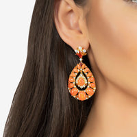Gold fire opal teardrop drop earrings with orange floral stones and clear crystals