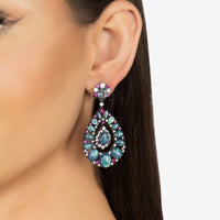 Oxidized silver drop earrings with blue opal teardrop and purple gem clusters