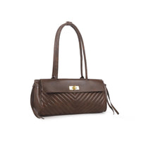 Quilted dark brown faux leather shoulder bag with adjustable side tassel ties
