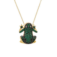 Gold frog pendant necklace with green gem-like enamel and beaded details