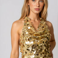 Gold sequin halter neck mini dress, sleeveless with V neckline