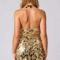 Gold sequin halter mini dress back view, open-back strap detail