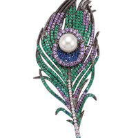 Peacock feather pearl brooch with green and purple rhinestone teardrop and white center pearl