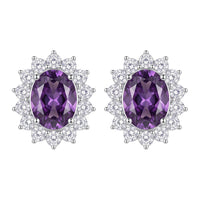 Amethyst gemstone stud earrings with silver halo and clear crystal accents