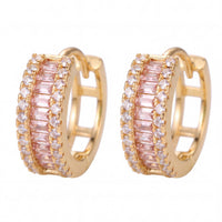 Gold huggie hoop earrings with pink morganite baguette stones and white diamond accents