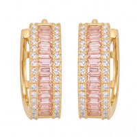 Gold huggie hoop earrings with baguette-cut pink morganite center and white stones