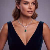 Sterling silver emerald teardrop pendant necklace with crystal tennis-style link chain