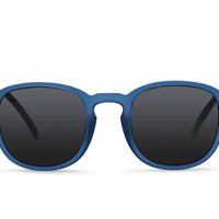 Blue round sunglasses with dark lenses and keyhole bridge