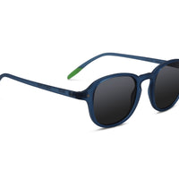 Blue sunglasses with dark lenses and slim curved arms