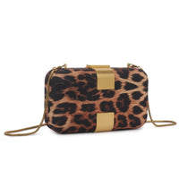 Leopard print mini clutch with gold-tone clasp and crossbody strap
